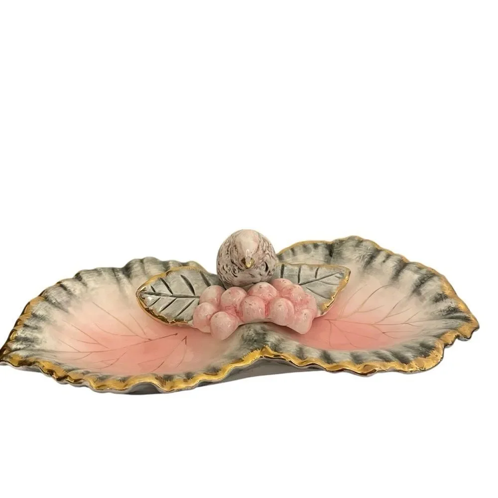 Vintage Ceramic Bird on Leaf Trinket Dish Pink Grey Gold Gilded Catchall 10 Inch